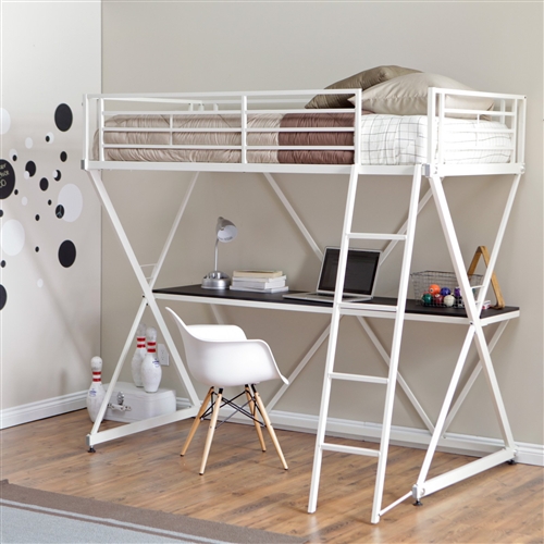 Modern Twin size Bunk Bed Loft with Desk in White Metal Finish