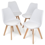 Set of 4 Modern Mid-Century Style White PU Leather Dining Chairs with Wood Legs