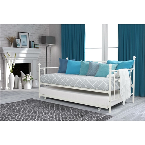 Twin size White Metal DayBed with Roll-out Trundle Bed