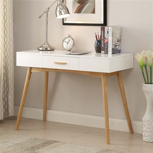 Modern Laptop Writing Desk in White with Natural Mid-Century Style Legs