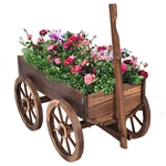 Outdoor Garden Fir Wood Barrel Planter Wagon on Wooden Wheels