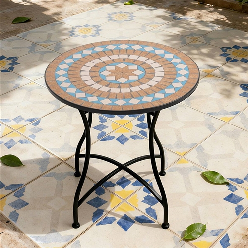 Round Beige Blue Mosaic Tiles Bistro Table