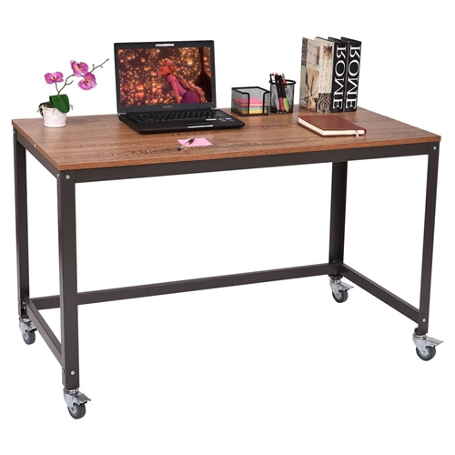 Industrial Modern Steel Frame Wood Top Computer Desk with Locking Wheels