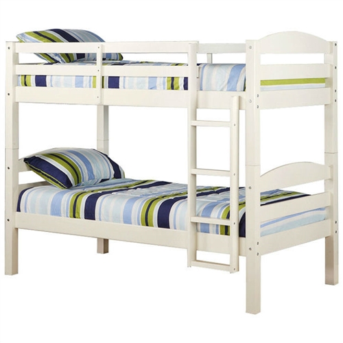 White Wood Twin over Twin Bunk Bed with Ladder and Guardrail