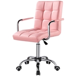 Pink Modern Faux Leather Mid-Back Swivel Office Chair with Armrests and Wheels