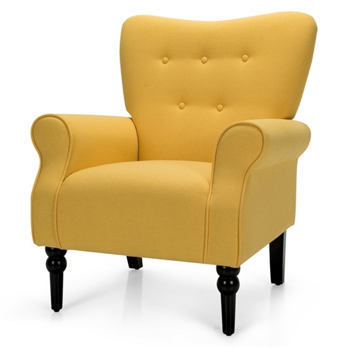 Retro Tufted Polyester Accent Chair w/ Espresso Rubber Wood Frame - Yellow