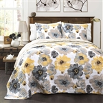 Full/Queen Yellow Grey Flowers Light/Thin Quilt Set