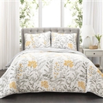 Full/Queen Yellow Grey Floral Light/Thin Quilt Set