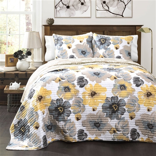 King Size Yellow Grey Flowers Light/Thin Quilt Set
