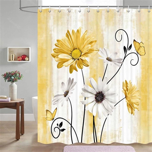 72"W x 72"H Yellow Vibrant Floral Butterfy Polyester Shower Curtain