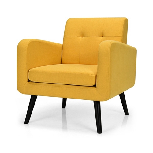 Mid-Century Modern Yellow Linen Upholstered Accent Chair with Wooden Legs