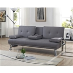 Modern Futon Sleep Sofa Bed Couch in Grey Faux Leather with Cup Holder