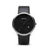 men's bering classic black leather watch with black dial