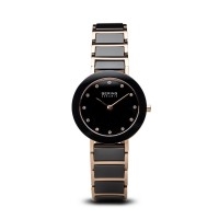 Bering ladies black ceramic polished rose gold watch with Swarovski elements