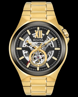 men's bulova gold tone automatic black skeleton dial watch