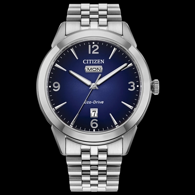 Men's Citizen Eco-Drive blue dial day/date silver Rolan watch