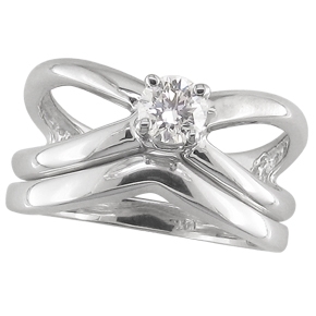 White gold criss cross diamond solitaire engagement ring with shadow band