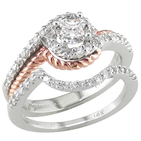 White & rose gold diamond engagement ring & wedding band
