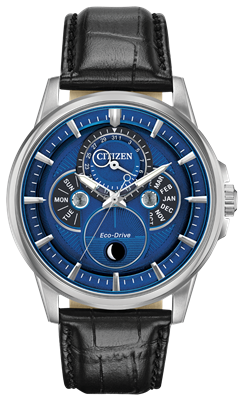 men's citizen calendrier eco-drive black strap blue dial watch BU0050-02L