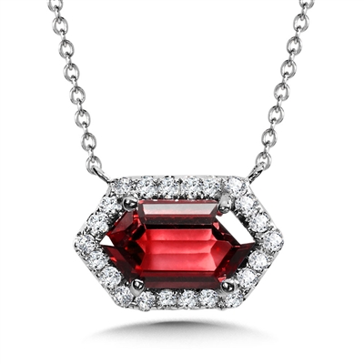 14k white gold elongated hexagon cut garnet necklace with diamond halo