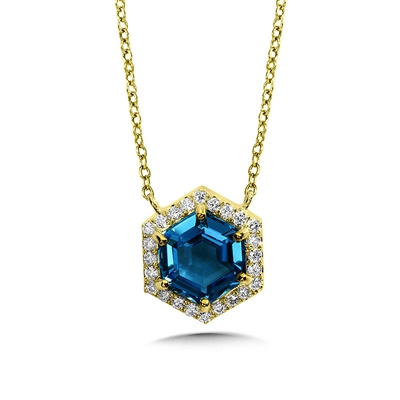 14k yellow gold hexagonal Swiss blue topaz & diamond necklace
