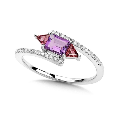 14k white gold geometric diamond, amethyst, pink tourmaline ring
