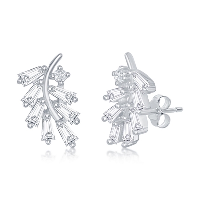 sterling silver & baguette cz leaf stud earrings