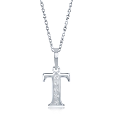 sterling silver diamond initial letter T necklace