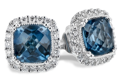 14k white gold diamond & London blue topaz earrings