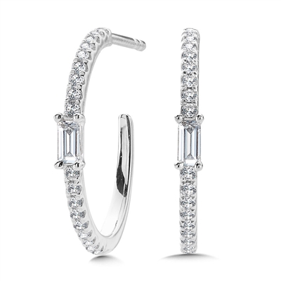 14k white gold c shaped round diamond & baguette hoop earrings