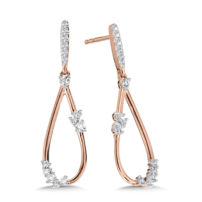 10k rose gold scattered diamond & pear shaped dangle earrings