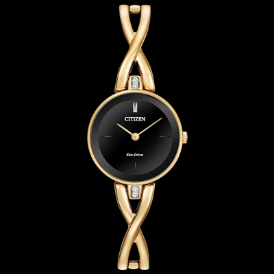 Ladies gold Citizen Eco-Drive black dial axiom bangle watch