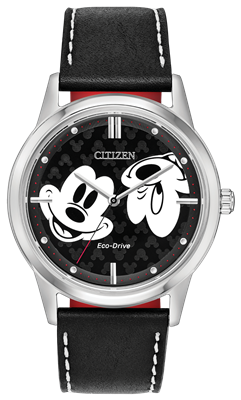 citizen eco-drive Mickey Mouse black leather strap watch