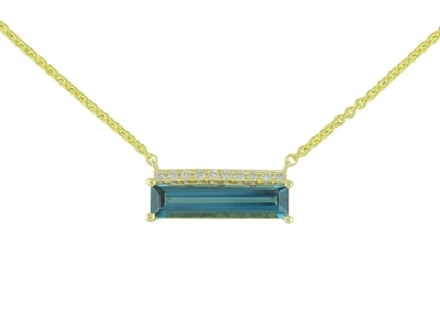14k yellow gold elongated London blue topaz necklace with diamond accents