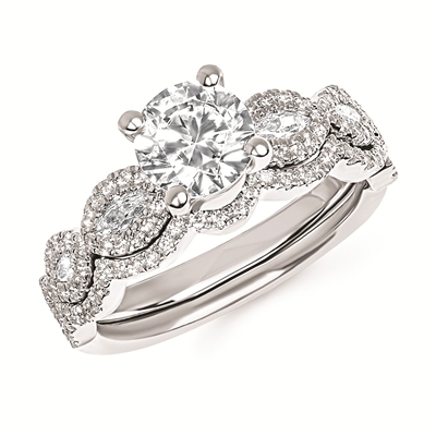 14k white gold ladies diamond semi-mount round center engagement ring & wedding band