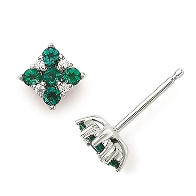 14k white gold created emerald & diamond earrings