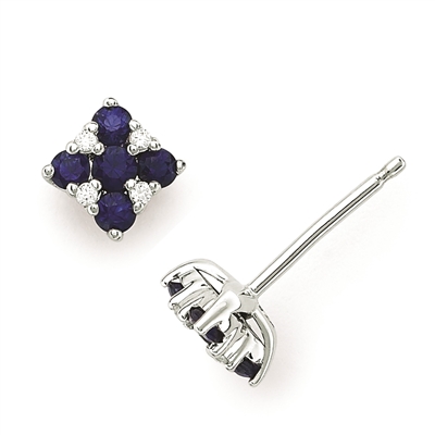 14k white gold diamond & sapphire square stud earrings