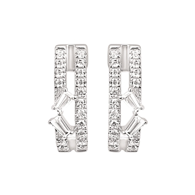 14k white gold diamond & baguette hoop earrings