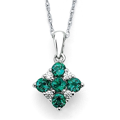 14k white gold created emerald & diamond square necklace