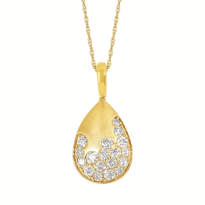 14k yellow gold scattered diamond pear shaped necklace