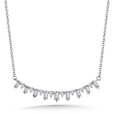 14k white gold graduating baguette diamond curved necklace