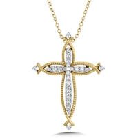10k white & yellow gold milgrain beaded diamond cross necklace