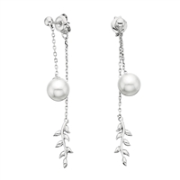 sterling silver front to back leaf & pearl drop earrings