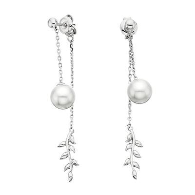 sterling silver front to back leaf & pearl drop earrings