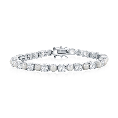 sterling silver alternating pearl & cubic zirconia tennis bracelet