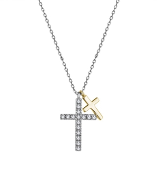 14k two tone yellow & white gold diamond double cross necklace