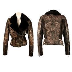 Tattoo Overlay Double Breasted Aviator Jacket w/ Beaver Collar