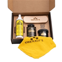 Leather Care Essentials Containing: 4 ounce Heavy Duty LP, 8 ounce Leather Oil, 8 ounce Leather Cleaner, Medium Horsehair Brush, Cleaning Cloth