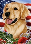 Golden Retriever In A Field Of Flowers With An American Flag Behind The Dog House Flag Art Work Is By Tamara Burnett