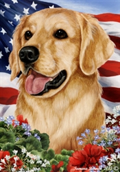 Golden Retriever In A Field Of Flowers With An American Flag Behind The Dog House Flag Art Work Is By Tamara Burnett